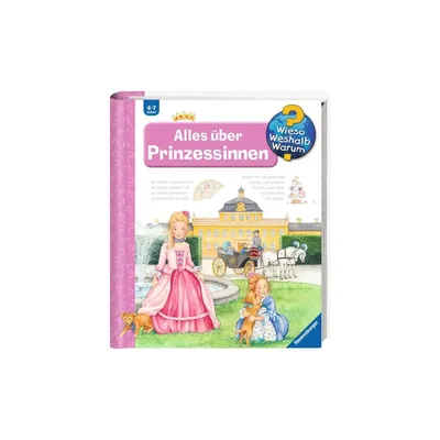 A children's book about princesses with illustrations of princesses, a castle, and a carriage.