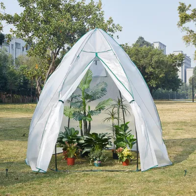 A white greenhouse with green trim is set up in a grassy outdoor area, filled with various potted plants.