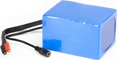 A blue battery pack with attached cables and connectors is shown against a white background.