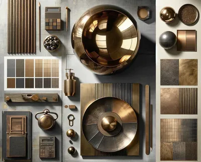 A collection of metallic decorative items and material samples.