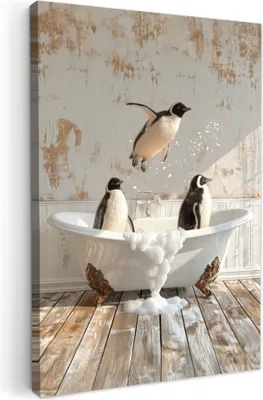 Produktbild von Wanddeko 40x60 cm - BadezimmerPinguine, Leinwand Bilder, Wandbilder, Gemälde