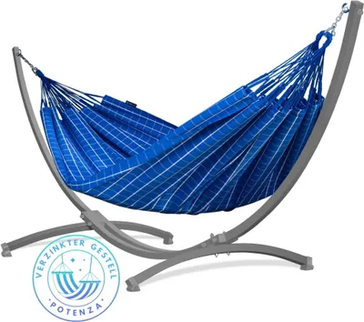 Produktbild von Potenza Outdoor Hängematte mit Verzinkter Gestell für 2 Personen I 100% Baumwolle Catargo Doppelhängematte XXL 220x160, 220kg I Grau Hängemattengestell 220kg, wetterfest