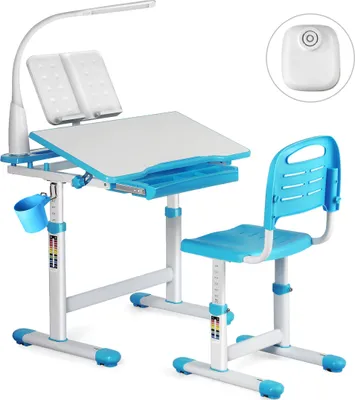 Produktbild von Kinderschreibtisch und Stuhlset, höhenverstellbarer schreibtisch mit 40° neigbarer Tischplatte, dreistufigen Schreibtischlampe , Schublade und Haken
