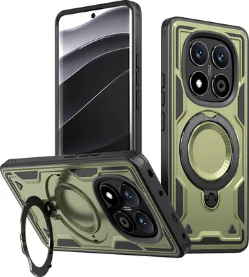 Produktbild von Dual Layer Hülle für Xiaomi Redmi Note 14 Pro+ Metall Ring Ständer Magnetisch Stoßfest Militär Handyhülle Grün