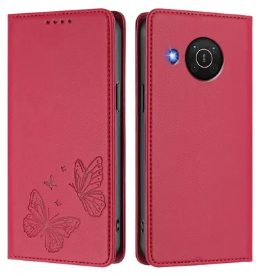 Produktbild von Lederhülle für Nokia X20 /Nokia X10, Schmetterling Prägung Leder Brieftasche Schutzhülle mit Ständer Rot