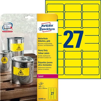 Immagine prodotto di Avery L6105-20 - Etichette in poliestere - giallo - 29,6 x 63,5 mm - 540 etichette (20 fogli x 27) (L6105-20)