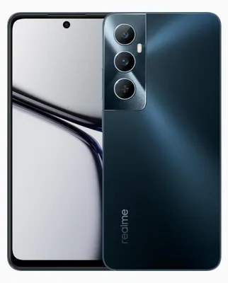 A smartphone is shown from the front and back, with the screen on the left and the camera array and branding on the right.