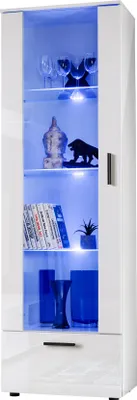 Produktbild von Komodee, Vitrine Schrank Alessandria, Weiß/Weiß, Breite 60cm x Höhe 192cm x Tiefe 42cm, 3 Glasböden, 1 Regal aus laminierter Platte, für Wohnzimmer, Schlafzimmer, LED Blau