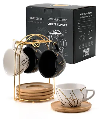 Obrázok produktu pre Sada štyroch keramických šálok na cappuccino – 220 ml s podšálkami – čierna/biela
