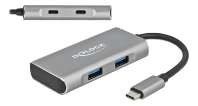 Zdjęcie produktu dla DeLOCK Zewnętrzny hub USB 10 Gbps USB Type-C z 2 x USB Typ-A oraz 2 x USB Type-C, USB 3.2 Gen 2 (3.1 Gen 2) Type-C, USB 3.2 Gen 2 (3.1 Gen 2) Type-A, USB 3.2 Gen 2 (3.1 Gen 2) Type-C, 10000 Mbit/s, Szary, Aluminium, 0,12 m
