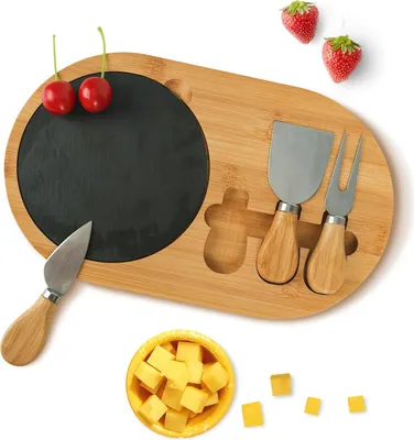 Image de Planche à découper en bois avec couteaux à fromage et plateau en ardoise - idéale pour les fêtes - 1 pièce - Bambou