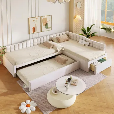 Produktbild von L-förmiges Polsterbett mit Ausziehbett Schubladen Samtbezug stabil, 90x200 cm beige