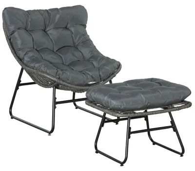Obrázok produktu pre Ratanové relaxačné kreslo s podnožkou – záhradné kreslo – s vankúšom – kovový rám – bez podrúk – Rozmery: kreslo 69 x 76 x 70 cm, podnožka 55 x 45 x 35 cm – sivá farba