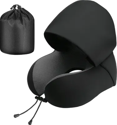 Produktbild von Nackenkissen Memory Foam,Reisekissen mit Haube,Bequemes Nackenhörnchen mit Haube,für Flugzeug,Auto,Zug,Büro,Nackenkissen Reise zum Schlafen,Schwarz