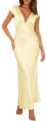 Produktbild von Halfisland Damen-Sommer-Maxikleid aus Satin, V-Ausschnitt, Flügelärmel, rückenfr