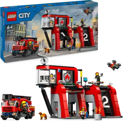 Produktbild von LEGO City Feuerwehrstation mit Drehleiterfahrzeug, Feuerwehr-Spielzeug mit Feuerwache und Feuerwehrauto, Geburtstagsgeschenk für Kinder ab 6 Jahren, Set mit Hund und 5 Minifiguren 60414