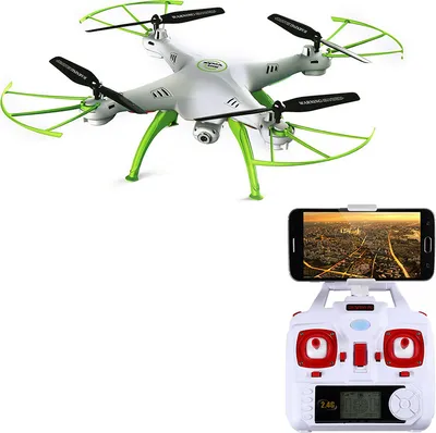 A drone and its remote control with a smartphone attached, displaying a live feed.