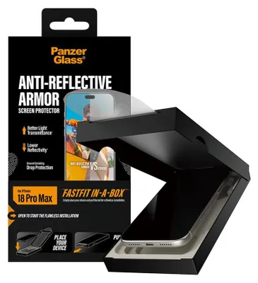 Produktbild von PanzerGlass ® Anti-reflective Armor Displayschutz iPhone 18 Pro Max | Ultra-Wide Fit m. FASTFIT IN-A-BOX, Apple - iPhone 18 Pro Max, Trockene Anwendung, Kratzresistent, Schockresistent, Transparent, 1 Stück(e)