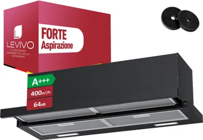 Immagine prodotto di LEVIVO A+++ cofano piatto 90 cm ricircolo e scarico dell'aria con 400 m³/h, cofano da incasso con 2 filtri a carboni attivi, 4 filtri antigrasso, 2 livelli, 2 LED