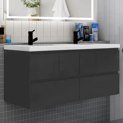 Produktbild von Badmöbel Set HUTI-Serie 120cm Mineralguss Waschbecken mit Unterschrank Badezimmermöbel mit 2 Schubladen Hochglanz Schwarz Hängeschrank