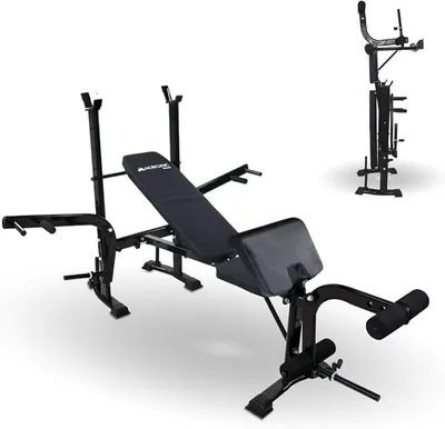 Zdjęcie produktu dla Fitness, wielofunkcyjna ławeczka treningowa, system szybkiego montażu, regulowana, składana, stalowa, wytrzymałość do 250 kg, możliwość montażu sztang, idealna do ćwiczeń siłowych w domu