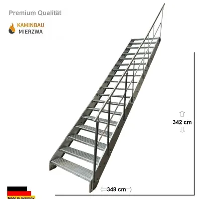Zdjęcie produktu dla Schody zewnętrzne ze stali, z kratownicami jako stopnie, 18 stopni, poręcz po prawej stronie, ocynkowane. Szerokość schodów: 100 cm. Wysokość jednego piętra: 342 cm. Schody metalowe