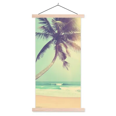 Produktbild von MuchoWow® Textilposter Retro - Palme - Sonne - Sommer 60x120 cm mit holzfarbenen Rahmen - Holz