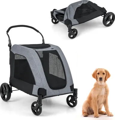 Produktbild von Kočárek pro psy COSTWAY do 60 kg, skládací kočárek pro psy, s předními dveřmi, střešním oknem, nastavitelnou rukojetí 67x98x121cm