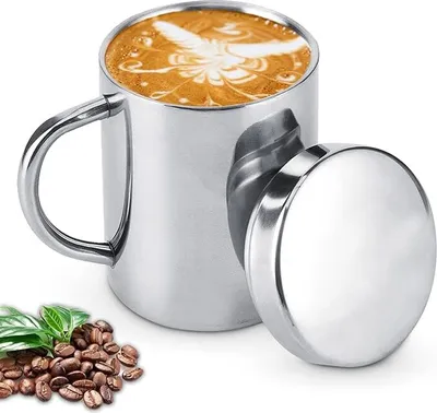 Produktbild von Edelstahlbecher, doppelwandiger Becher, 220 ml Edelstahl-Kaffeebecher, Edelstahlbecher, kleiner Reisebecher, doppelwandiger Becher mit Deckel und Henkel, Isolierbecher zum Wandern und Camping