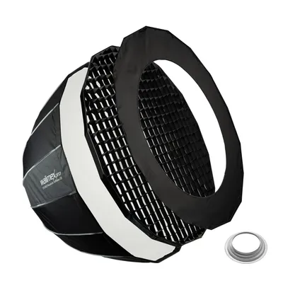 Zdjęcie produktu dla Walimex pro Studio Parabolic Softbox 120cm + adapter do softboxu Hensel Expert, obracany o 360°, łatwa konfiguracja dzięki funkcji parasolki, w zestawie siatka, maska, adapter Bowens i torba transportowa