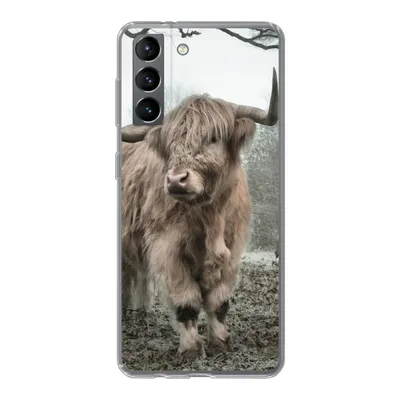 Produktbild von MuchoWow® Handyhülle Schutzhülle Hülle für Samsung Galaxy S21 Schottischer Highlander - Wald - Nebel - Kuh - Tiere - Natur Silikon Softcase Handy Hülle - Softcase