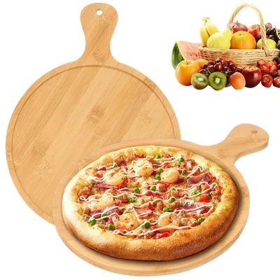 2 runde Bambus-Pizzabretter, 28 cm & 18 cm, mit Griff