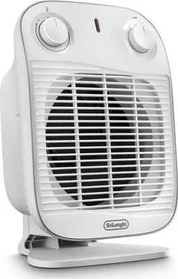 A white De'Longhi portable heater on a white surface.