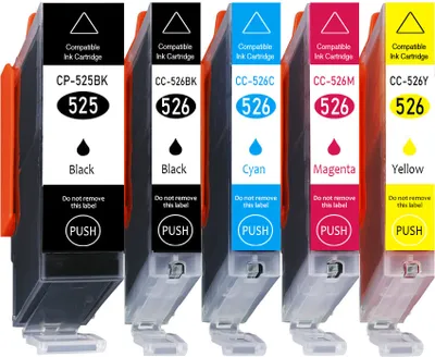 A set of five compatible ink cartridges for a printer, arranged side-by-side.
