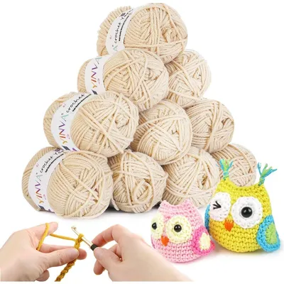 Productafbeelding van Hekelgaren, set van 10 bollen, 25 gram per bol, acryl, kleur crème, geschikt voor beginners om te breien en te haken