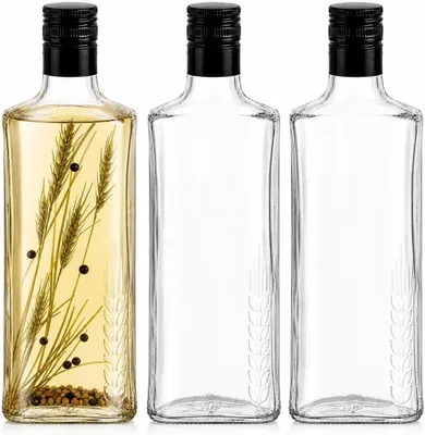 Produktbild von 2 x Glasflasche 500 ml mit Schraubverschluss, leere Likörflasche aus Glas mit Kornähren-Motiv, Flasche für Schnaps, Likör, Saft, Sirup, Öl, Essig