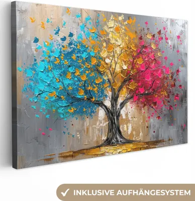 Produktbild von MuchoWow® - Leinwandbilder - Baum - Bunt - Grau - Modern, Wandbild, Wanddeko Bilder Wohnzimmer, 120x80 cm
