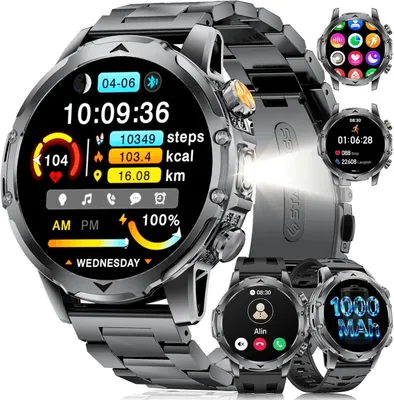 Produktbild von Smartwatch Herren Militär-1000mAh Akku/3 Armbändern mit Taschenlampe,120+ Sportmodi, Fitnessuhr mit Herzfrequenz/Schlafmonitor,