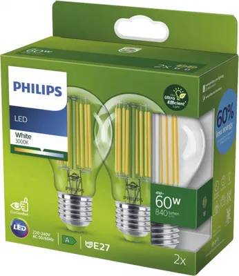 Produktbild von Philips Filament-Lampe, transparent, 60W A60 E27 x2, 4 W, 60 W, E27, 840 lm, 50000 h, Weiß