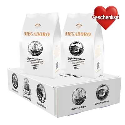 Produktbild von Megadoro Geschenkset 3 Gusto Sardgna und Gusto Napolitano Kaffeebohnen 2x500g
