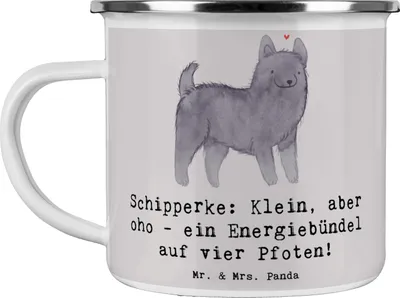 Produktbild von Mr. & Mrs. Panda Pott Schipperke Energie - Grau Pastell - Geschenk, Hunderasse, Emaille Tasse, Hundeliebhaber, becher, Teetasse, Hunderassen Beschreibung, Eigenschaften