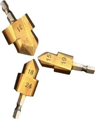 Three gold-colored drill bits are arranged in a triangular formation against a white background.