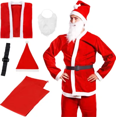 A collection of items for a Santa Claus costume, including a suit, hat, beard, belt, and gift bags, laid out on a white background with a model wearing part of the costume.