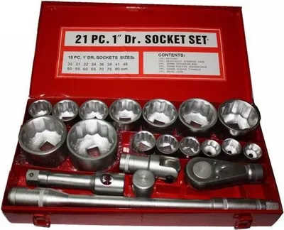 A red metal toolbox containing a 21-piece 1-inch drive socket set.