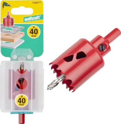 Zdjęcie produktu dla wolfcraft GmbH 5469000, Pojedyńczy, Wiertarka, Płyty gipsowo-kartonowe, Metale nieżelazne, Plastik, Sklejka, Stal, Drewno, Czerwony, Bimetaliczny, Stal szybkotnąca (HHS)