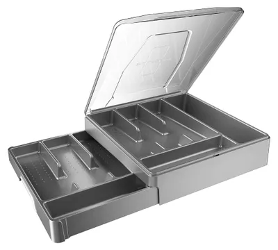 Produktbild von Zweischichtiger Besteck-Organizer mit Deckel, Besteckkasten für die Arbeitsplatte und Küchenschubladen, mit 2 Ebenen und 9 Fächern (Grau)