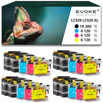 Obrázok produktu pre Kompatibilné atramenty Evoke pre tlačiarne Brother LC-529XLBK LC529XL + LC-525XL LC525XL: 20 ks – 8 ks čierna + 4 ks azúrová + 4 ks purpurová + 4 ks žltá, objem 760 ml, výtlačnosť 37560 strán, vhodné pre modely DCP-J100, J105, MFC-J200