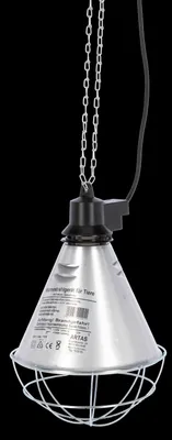 A hanging heat lamp with a metal cone-shaped reflector and a wire cage around the bulb, suspended by chains against a black background.