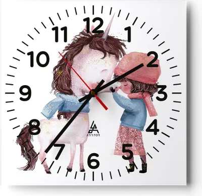 Produktbild von Wanduhr - Quadrat - Glasuhr - Einhorn Mädchen Kinder - 30x30cm - Schleichendes Uhrwerk - Lautlos - zum Aufhängen bereit - Dekoration Modern - Wanddekoration aus Glas - C4AC30x30-4733