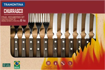 Produktbild von Tramontina STEAK-/PIZZA Besteck Set, 12-tlg., Steakmesser, Steakgabel, Messer, Gabel, Edelstahl / Holz, Braun, 29899-199